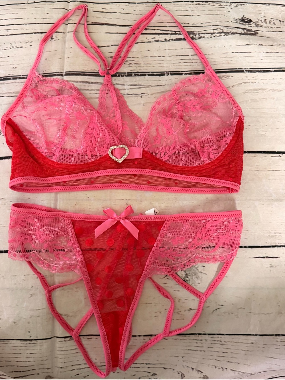 Lace Heart Accent Red & Pink Bralette Set - Picture 2 of 6